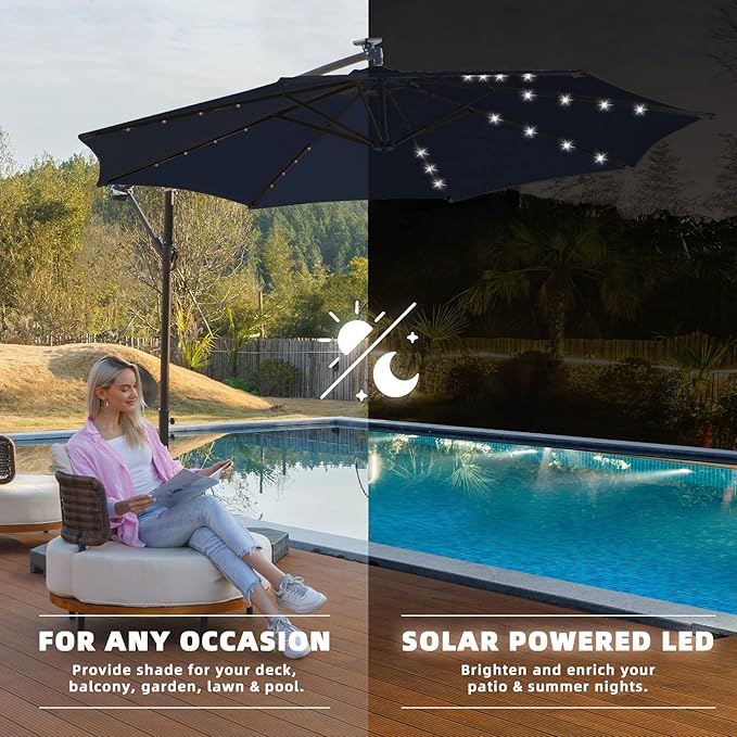 wikiwiki 10ft Solar LED Offset Hanging Market Cantilever Patio Umbrella for Backyard, Poolside, Lawn and Garden, Easy Tilt Adjustment, Polyester Shade & Cross Base, Navy