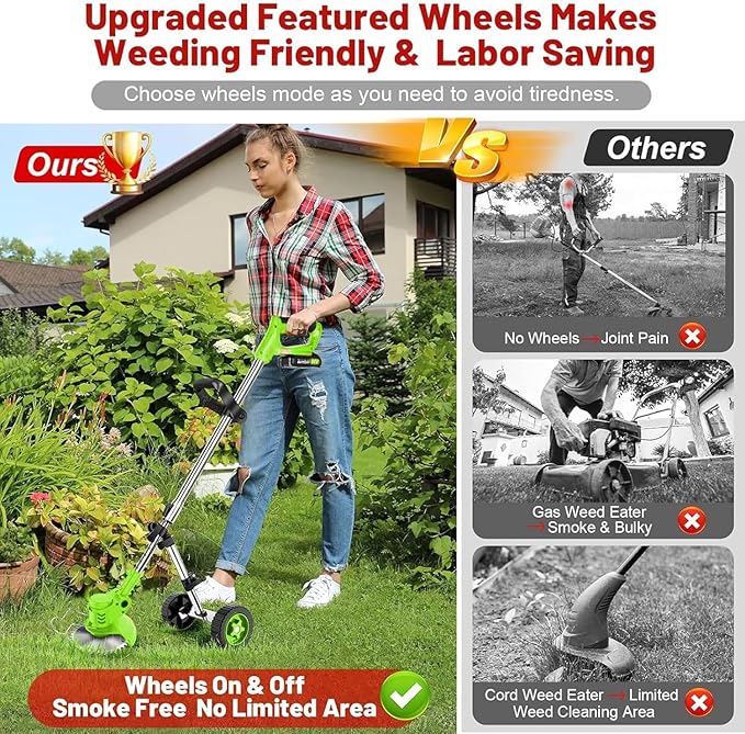 Cordless Garden Strimmers,Electric Cordless 48v Grass Strimmer with 2 X 2000mAh Battery, Adjustable Metal Blades,Garden Trimmer Telescopic Lightweight with Roller, 850W, for Gardens,Park Lawns (Green)