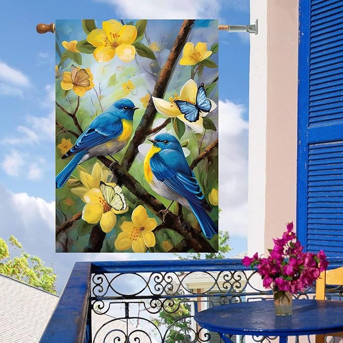 Large Spring Summer House Flags 28x40 Double Sided Bluebird Garden Flag Floral Birds Flag for Outside Porch Yard Outdoor Flower Garden Decor