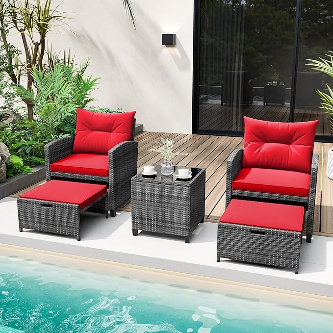 Tangkula 5 Pieces Patio Conversation Set, PE Wicker Rattan Outdoor Furniture Set with 2 Chairs, 2 Ottomans & Tempered Glass Coffee Table, Ideal for Poolside, Backyard, Lawn, Deck, Mix Grey & Red