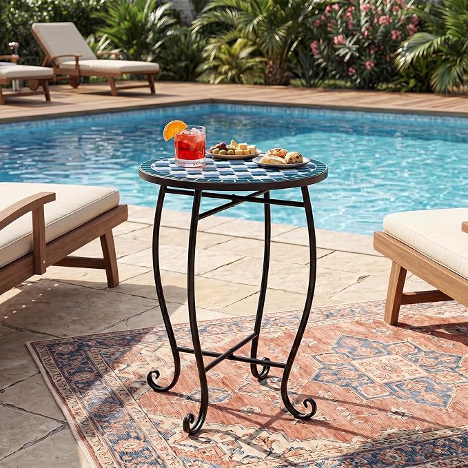Giantex Outdoor Side Table, Floral Clover Mosaic Patio Accent Table, 14" Coffee End Table, Indoor Outdoor Metal Plant Stand for Porch Garden Balcony Desk