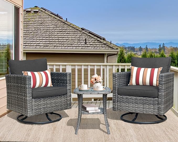 HOOOWOOO Wicker Outdoor Swivel Bistro Set for 2,3 Piece Patio Rocking Chairs and Table,All Weather Resistant Outside Out Door Rattan Rockers Furniture Set,Black