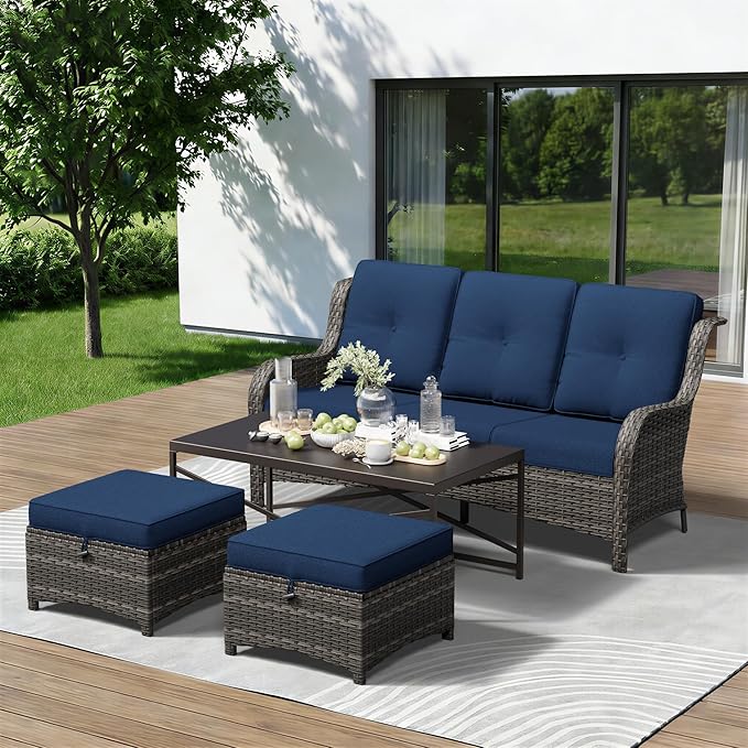 4-Piece Outdoor Couch Set, Includes Wicker Patio Sofa with Thickened Olefin Cushions, High Back and Deep Seating, Hand-Woven PE Rattan and 2 Ottomans, 1 Coffee Table for Porch, Deck
