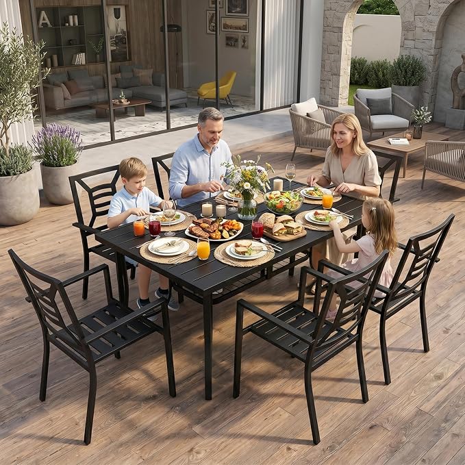 7 Piece Outdoor Patio Dining Sets, 60" Rectangular Metal Dining Table with Umbrella Hole & 6 Stackable Metal Chairs, Weather Resistant Garden Furniture Set for Backyard, Deck, Porch
