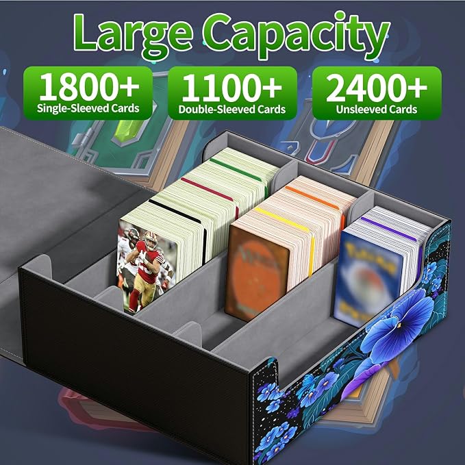 Card Deck Box for MTG, Cards Storage Box Fits 120+ Sleeved, Leather Big Size Strong Magnetic Closing Case for Board Games Magic TCG CCG Baseball Collection Women Man, Blue Flower Bird