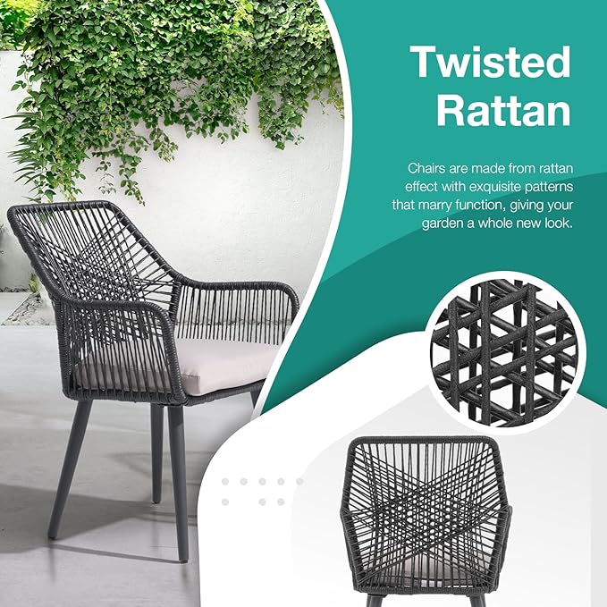 Patiorama 5-Piece Patio Dining Set, Outdoor Dining Table Chair Set, All-Weather Twisted Rattan Wicker Rope Conversation Set,Patio Furniture Set w/Umbrella Hole,Cushioned Chairs&Table(Black&Cross Back)