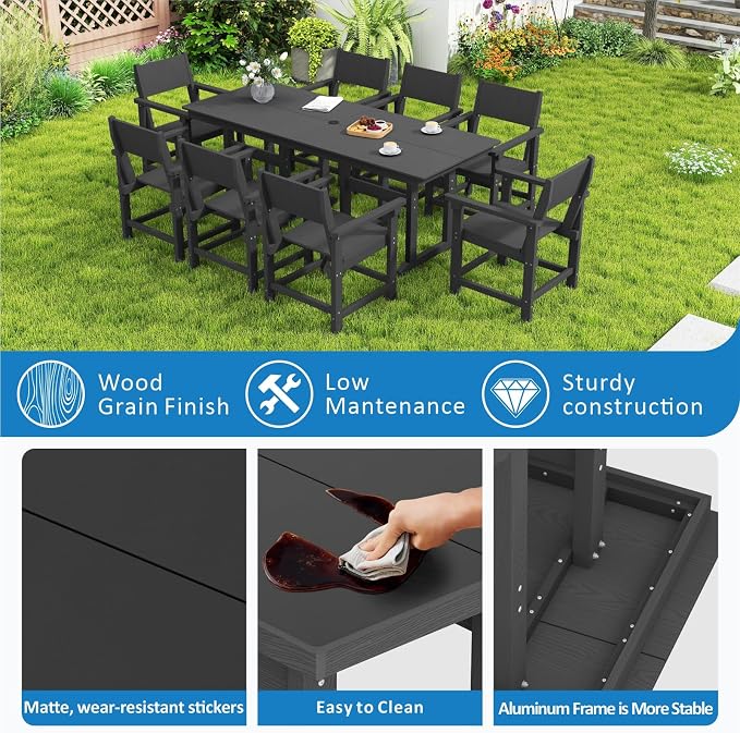 9-Piece HDPE Outdoor Patio Dining Set,Outdoor Table and Chairs,Modern Plastic Dining Sets with Umbrella Hole Cut-Out Table and 8 Chairs Black