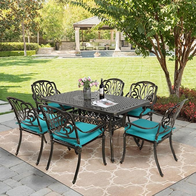 MEETWARM 7-Piece Outdoor Patio Dining Set, 6 Outdoor Dining Cushioned Chairs and 1 Rectangle Table with 2" Umbrella Hole, All Weather Cast Aluminum Patio Funiture Set for Backyard, Ocean Blue