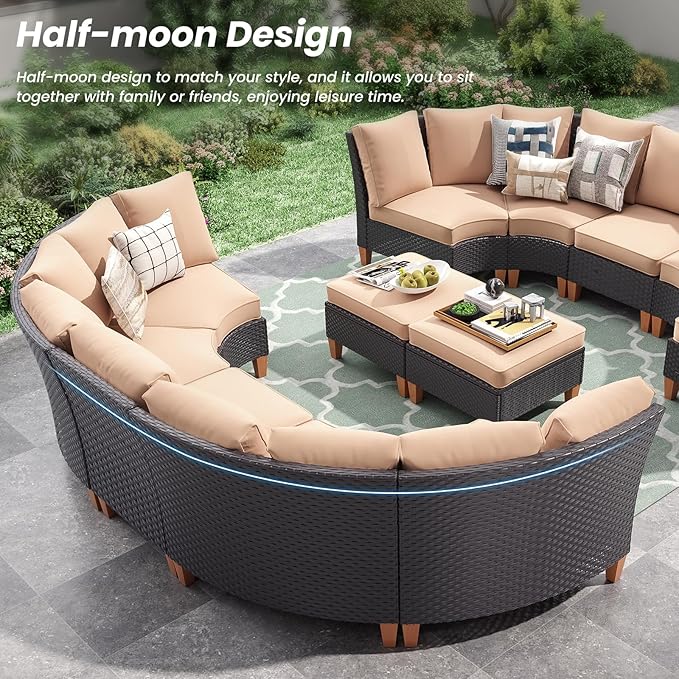 Soohow Half-Moon Patio Conversation Set, 7 Piece Outdoor Sectional Furniture Set with Cushions, Wicker Patio Conversation Set Outdoor Sectional Sofa, All-Weather for Garden, Backyard and Poolside