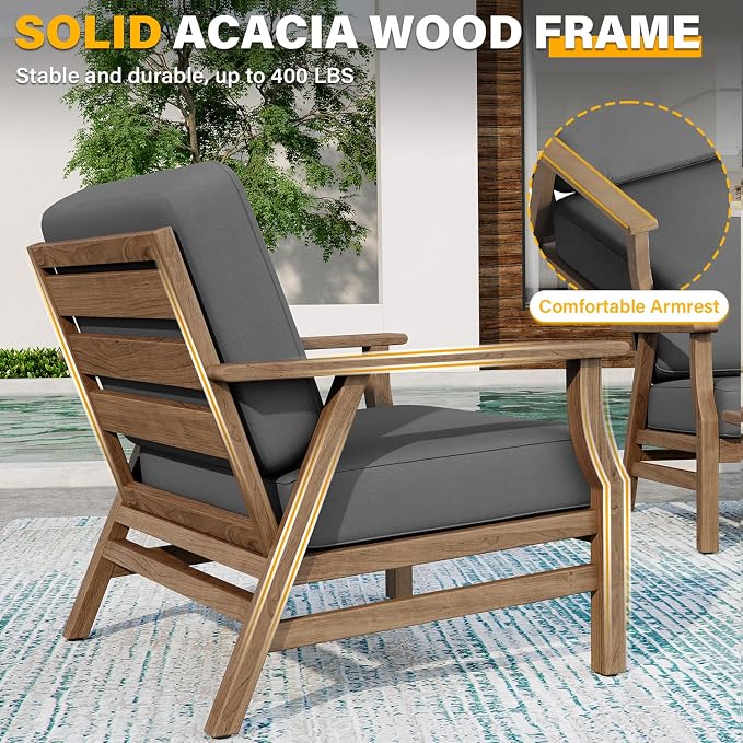 2 Piece Wood Patio Chair Outdoor Bistro Set, Outdoor Armrest Chair All Weather Patio Sofa Furniture Backyard Conversation Sets with Cushions, Grey