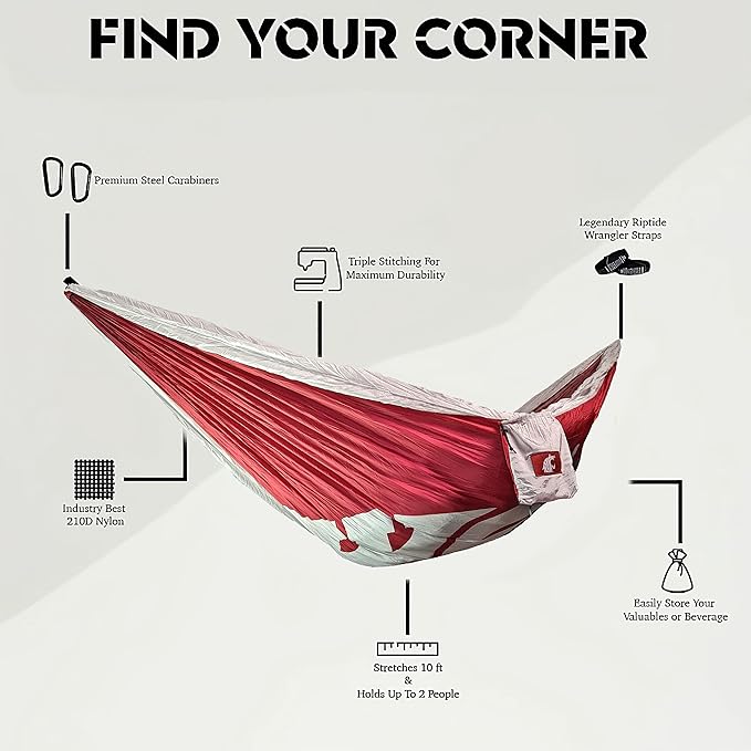 Rincon Official (Washington State University) University College Hammock - Premium 210T Nylon, Spacious 112 x 74 inches (LxW) Double & Single Camping Hammock - Portable Gear for Students and Alumni