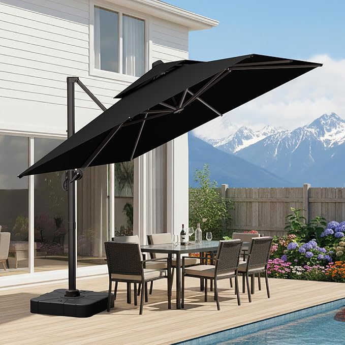 10x10 FT Patio Umbrella, Large Cantilever Double Top Heavy Duty Offset Umbrellas with 360° Rotation, Outdoor shade for Garden Deck Pool, Black
