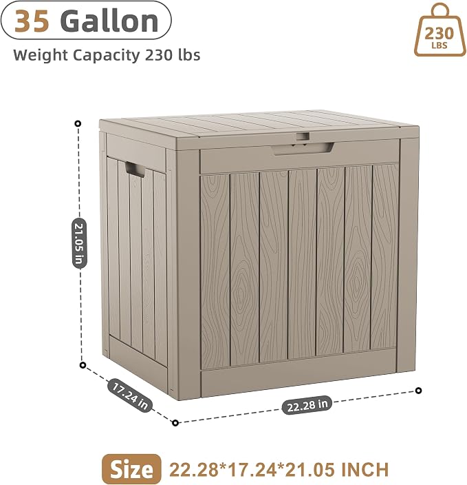DRATO 35 Gallon Outdoor Storage Box Waterproof, Lockable Resin Deck Box with Lid for Patio Furniture Bench, Pool Garden Tools, Weatherproof Outside Storage Bin for Backyard Porch (Grey, 35 Gallon)