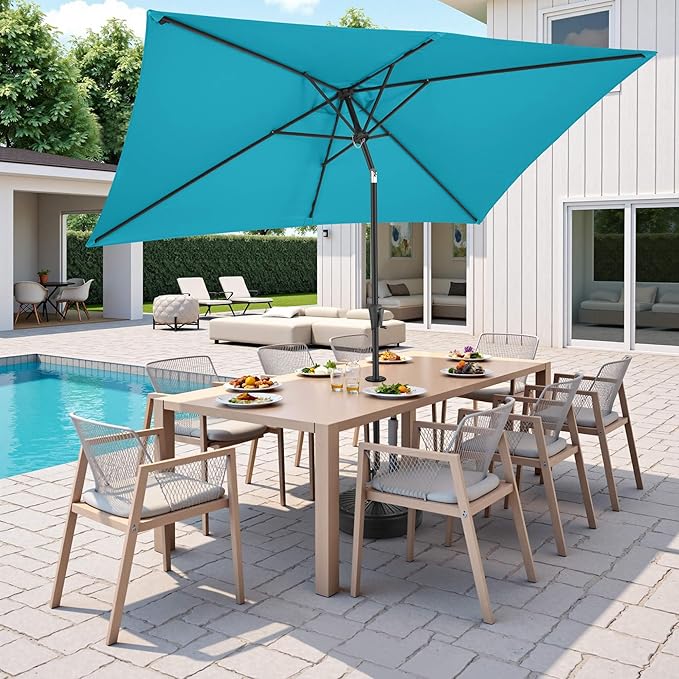 FLAME&SHADE 6.5 x 10 ft Rectangular Patio Umbrella with Push Button Tilt & Crank, Table Market Rectangle Rectangle Umbrella Outdoor for Yard, Pool, Garden, Porch(Aqua Blue)