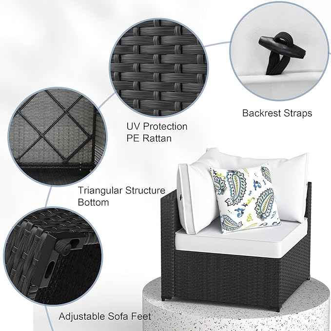 GOJOOASIS Patio Furniture Set Outdoor Sectional Sofa with Ottoman Wicker Couch Rattan Modular Seating Conversation Sets Porch Decor for Backyard, Balcony, Garden (White)