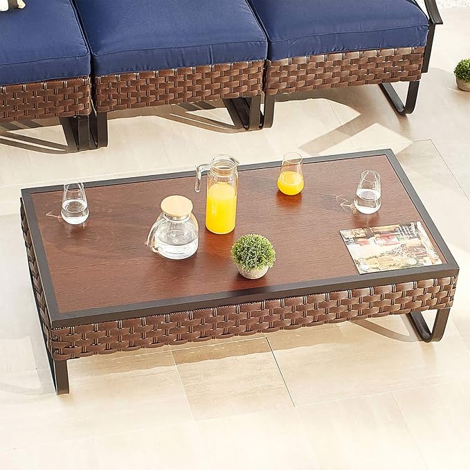 Rectangle Patio Coffee Table Outdoor Wicker Furniture with U Shape Steel Leg for Garden, Porch, Balcony, Deck (47.2" W x 23.6" D x 13.7" H)