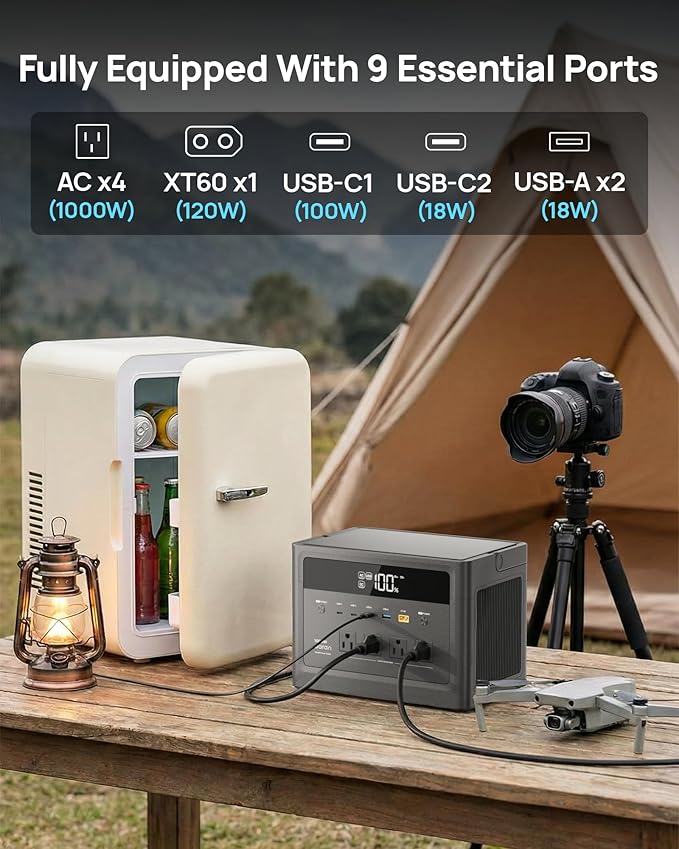 Portable Power Station 1000W, 576Wh Solar Generator with PD 100W USB-C Fast Charging, Power Bank 110V Pure Sine Wave AC Outlet LiFePO4 Battery for Outdoors Camping Home Use Emergency RVs (Peak 2000W)