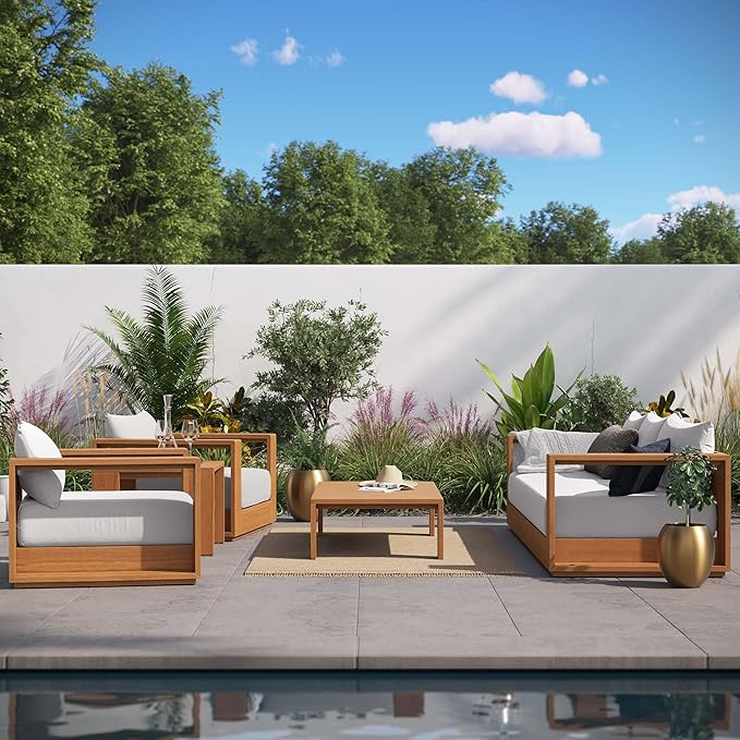 Modway Tahoe Acacia Wood 5-Piece Outdoor Patio Furniture Set in Natural Light Gray - Includes Lounge Chair and Sofa with Weather-Resistant Cushions, Plus Coffee Table