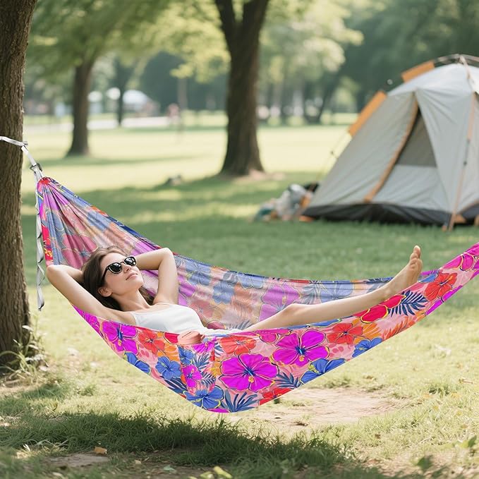 Camping Hammock Outdoor Hammocks for Outside Purple Flower Hibiscus Beach Trees Portable Lightweight with Pockets Tree Straps Indoor