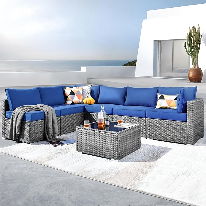 ovios Outdoor 7 Piece Coversation Set with Coffee Table,Sectional Patio Furniture Set with All-Weather Wicker Sofa,Modern Outside Couch for Balcony Backyard Pool, Navy Blue