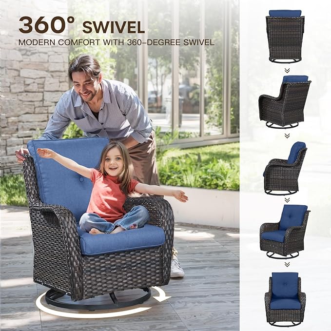 Patio Loveseat Glider Set, Resin Wicker Loveseat Glider with 2 Swivel Patio Chiars Coffee Table and Side Table, 5 Piece Patio Furniture Set Loveseat Set, Brown Wicker|Blue Cushions