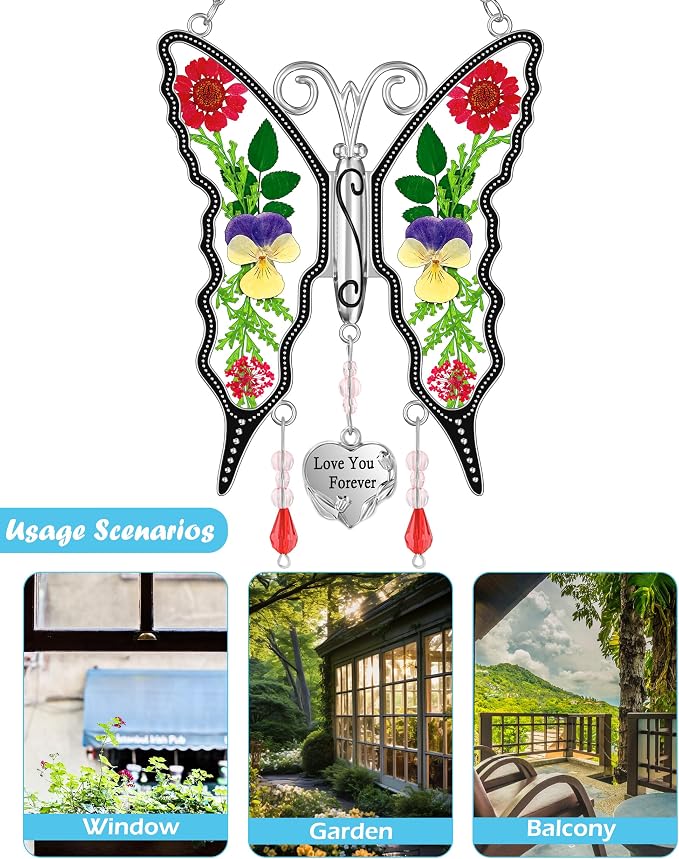 KY&BOSAM Butterfly Suncatcher for Windows Hangings Stained Glass Love You Forever Sun Catchers Hangings Wind Chime Gifts for Women Grandma Mom Mother`s Day Valentine's Birthday Christmas Thanksgiving