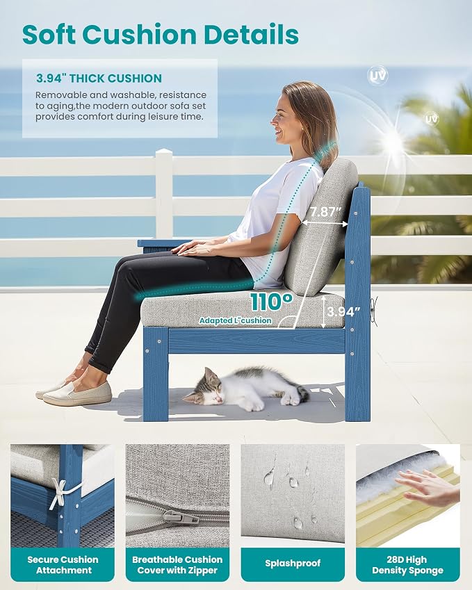 SERWALL HDPE Patio Loveseat Sofa, 2 Pieces Single Sofa, Weather-Resistant Outdoor Furniture Chair with Thick Removable Cushion, Balcony, Garden, Backyard, Poolside, Blue Frame with Khaki Cushion