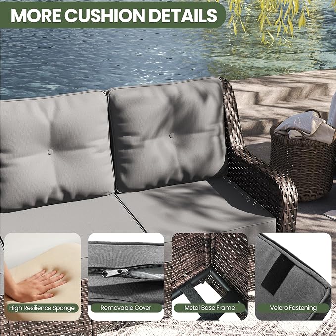 ALAULM 7 Pieces Patio Furniture Set,High Back Wicker Outdoor Sectional Furniture Set with Swivel Chairs & Coffee Table, Patio Conversation Set Thick Cushion for Backyard, Deck, Porch-Grey
