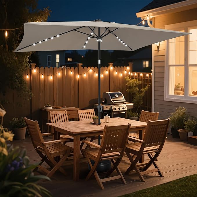 FLAME&SHADE 6.5 x 10 ft Rectangular Solar Powered Outdoor Market Patio Table Umbrella with LED Lights and Tilt, Taupe