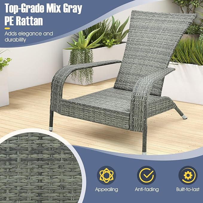 Tangkula 3-Piece Wicker Adirondack Set, Ergonomic Oversized Rattan Chairs w/Coffee Table, Comfy Seat Cushions, Tempered Glass Tabletop, Patio Conversation Set for Porch (Wicker, 3-pc)