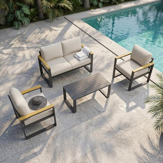1 Pcs Aluminum Loveseat and Coffee Table, Aluminum Patio Patio Conversation Set with Washable Thick Cushion for for Balcony, Garden, Deck, Backyard,Beige