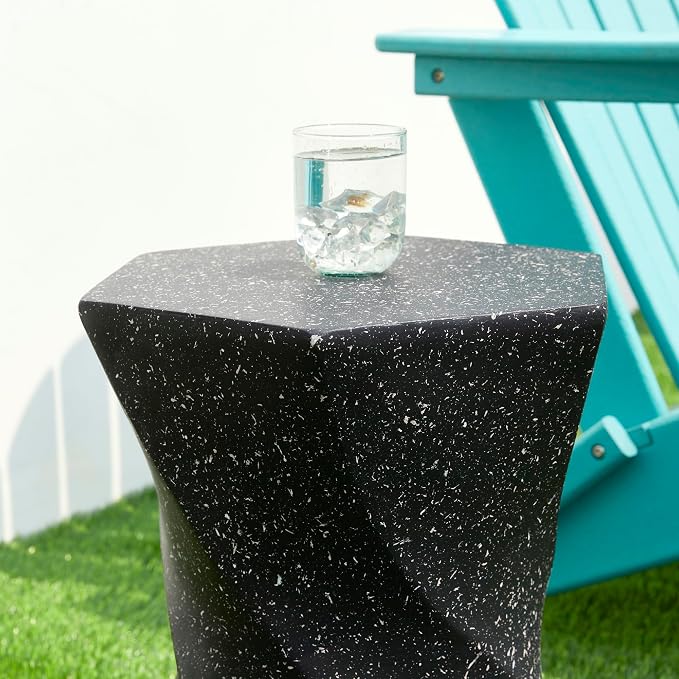Glitzhome Outdoor Side Table, 17.75" H Decorative Garden Stool MGO Twist Faux Terrazzo End Table, Round Planter Stand for Indoor Outdoor Living Room Bedroom Patio Deck Poolside, Black