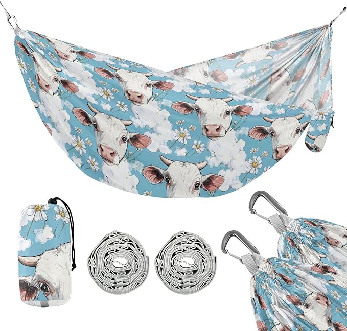 Cartoon Cute White Cow 330lb Capacity Camping Hammock Cloth Hammock for Outside Patio Garden hamacas para adultos