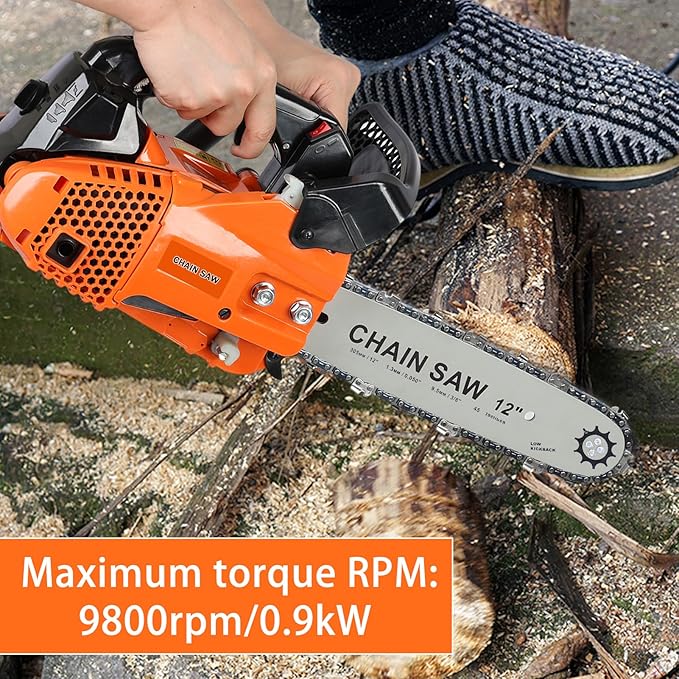 Gas Chainsaw, 12 Inch Top Handle Chainsaw, 25.4CC 2-Cycle Handheld Cordless Petrol Portable Gas Powered Chain Saw for Tree Wood Cutting Orange