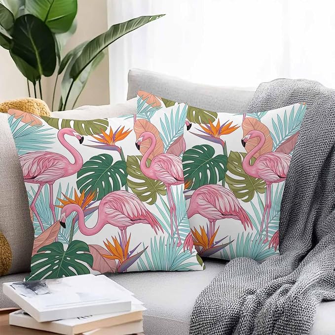 Pink Flamingos Outdoor Pillow Covers 16"x16" Set of 2, Watercolor Monstera Leaf Green Tropical Plant Waterproof Throw Pillow Covers for Patio Furniture, Decorative Cushion Covers for Porch