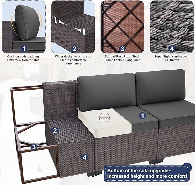 Patio Furniture Sectional Sofa Set 11PCS PE Rattan Swivel Rocking Chairs Patio Sofa Set, Outdoor Furniture Patio Conversation Set with 43in Propane Fire Pit and Coffee Table, Grey