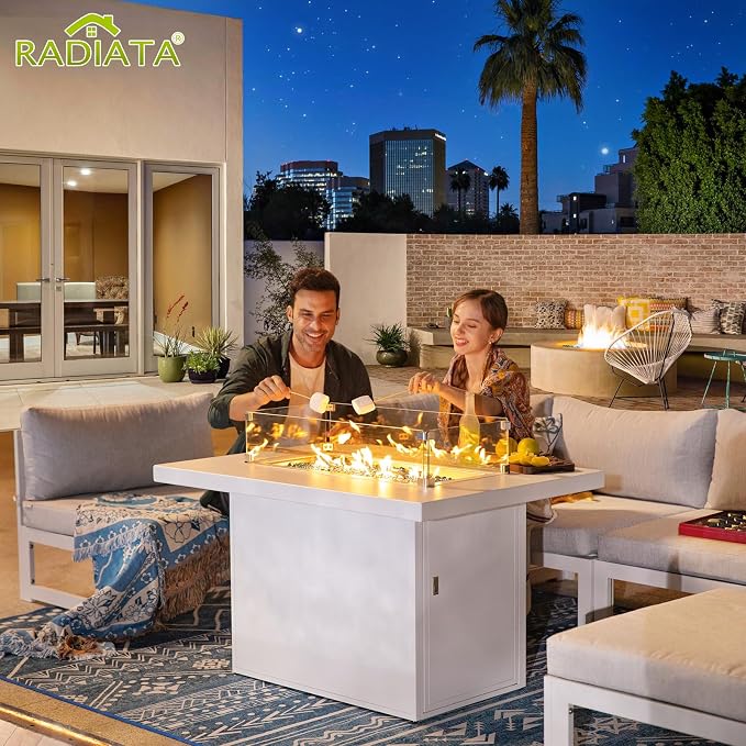 RADIATA 6 Person Large Modern Aluminum Outdoor Patio Furniture Set with Fireplace, 29" Wide Deep Seating, U Shaped Combo Sectional Couch, Water Resistant Conversation Set for Backyard Terrace, White