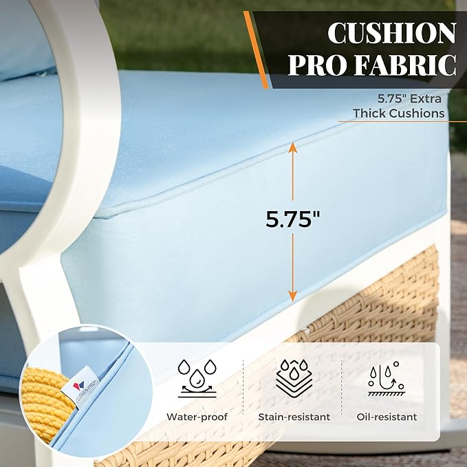 6 Piece Patio Furniture Set, 2 x Fixed Chair, 2 x Rocking Chair, 1 x 3-Seat Sofa with Marbling Coffee Table, All Cushioned 7 Seats Outdoor Conversation Set for Lawn Garden Backyard, Blue