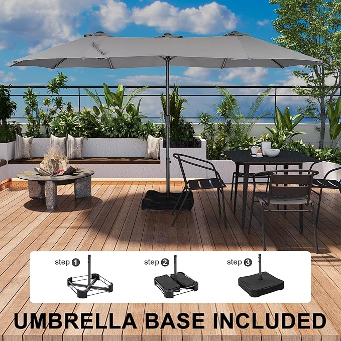 15 ft Patio Umbrella with Base, Large Rectangle Outdoor Umbrella with Matching Stand, Strap, Crank, Grey