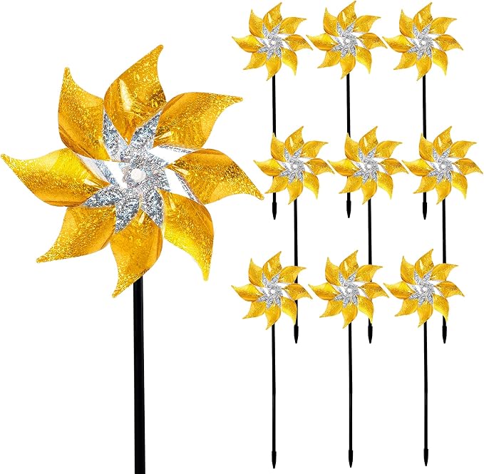 Hausse 10 Pack Reflective Pinwheels with Stakes (Assembly Required), Extra Sparkly Pin Wheel for Garden Decor, Bird Repellent Devices Deterrent to Scare Birds Away from Yard Patio Farm, Golden