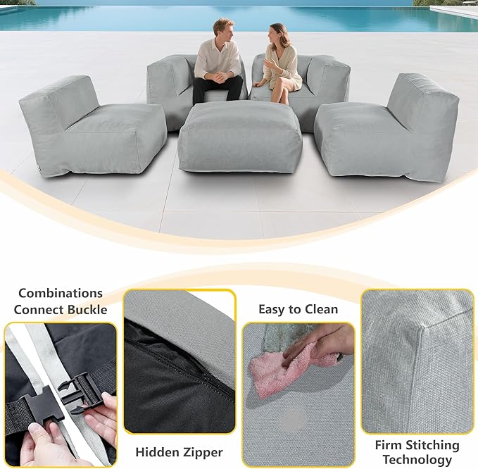Patio Furniture Set, 5 Pcs Outdoor Conversation Set with Bean Bag Middle Chairs, Corner Chair, Ottomans, Modern Foam Couch Set for Garden, Deck, Balcony (5, Light Gray)
