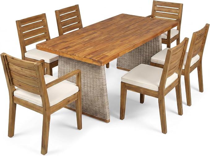 Christopher Knight Home Smeb Acacia Wood Outdoor Dining Table Set for 6, Outdoor Dining Set, Patio Table and Dining Chairs Set of 6 with Cushions, 7 Pieces Patio Furniture Set, Teak + Brown + Cream
