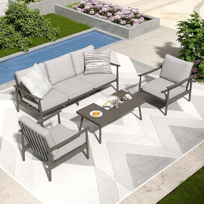 4 Pieces Patio Furniture Set, Aluminum Outdoor Patio Furniture Sets, 2 Armchairs and 3 Seater Couch with Thick Cushion, Patio Conversation Set for Backyard Deck Poolside, Greige & Grey