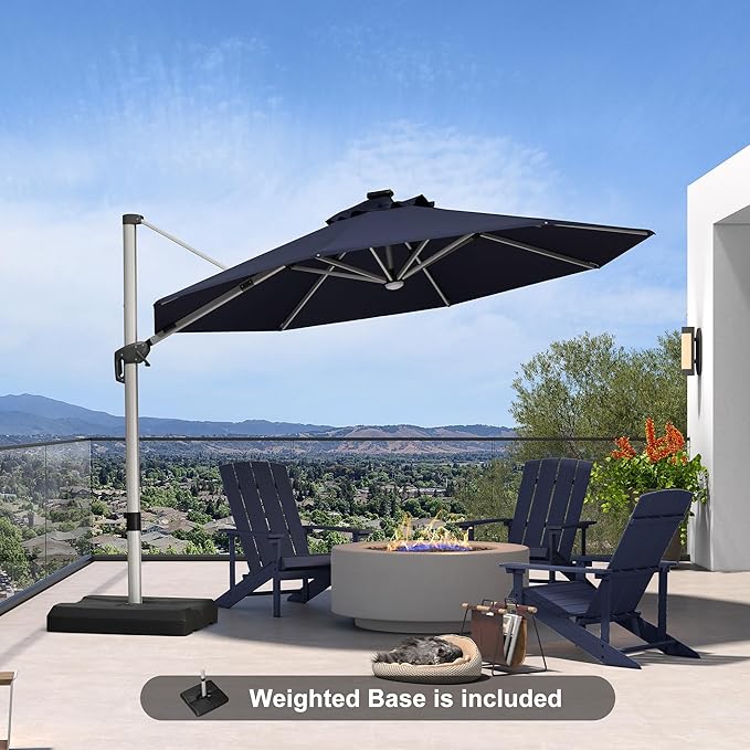 PURPLE LEAF Cantilever Umbrella with base 11ft Outdoor Round Patio Solar Powered LED Umbrella with 360-degree Rotation for Garden Deck Pool Patio, Navy Blue