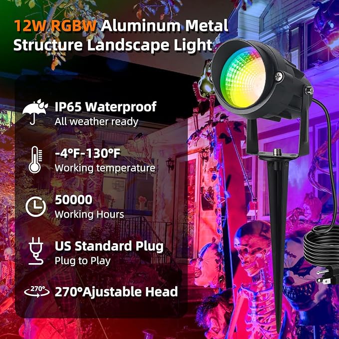 Christmas Spotlights Outdoor, 12W RGB Color Changing Landscape Lighting 120V Waterproof Spotlight with Plug & Remote for House Garden Path Tree Patio Lawn Decoration （2 Pack