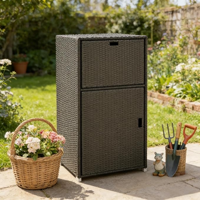 Tall Outdoor Storage Box and Wicker Deck Box Cabinet with Magnetic Doors and Drawer, Resin Rattan Patio Organizer for Poolside Towels and Garden Tools, 23.6 x 23.6 x 47.2 Inches, Dark Brown