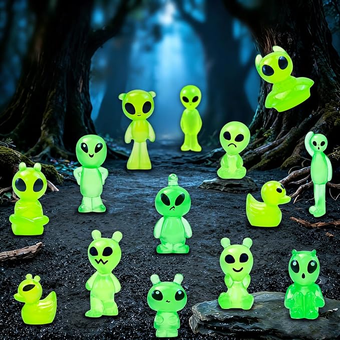 44 Pcs Luminous Mini Resin Alien Figures Glow in the Dark Alien Statues Miniature Figurines for Outer Space Party Micro Landscape Decor