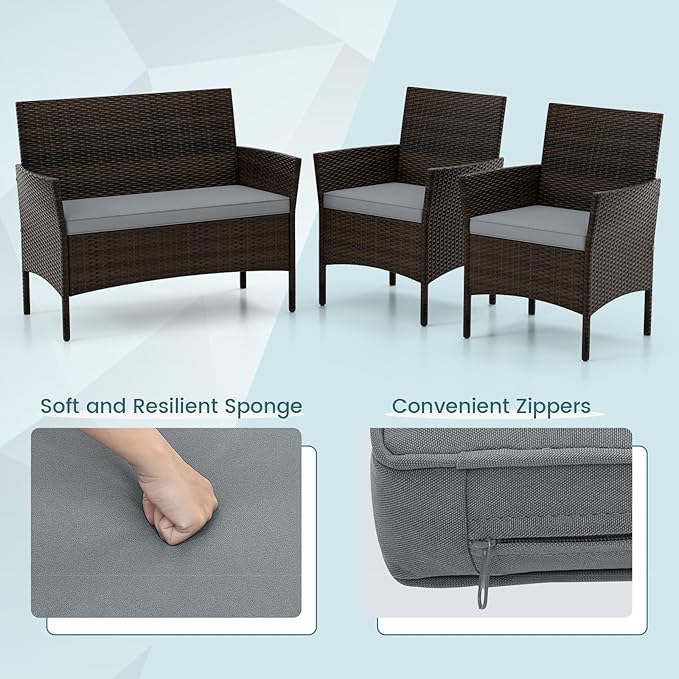 DORTALA 4-Piece Rattan Patio Furniture Set, Outdoor Table & Chair Set with Tempered Glass Coffee Table, Cushion, Wicker Conversation Set for Garden, Lawn, Poolside and Backyard, Gray