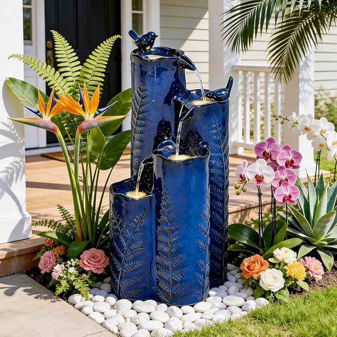 32" Outdoor Water Fountain, Ceramic Outdoor Fountain, Stacked 4-Tier Vase Waterfalls for Garden, Patio, Yard, or Porch Decor, Creating Relaxing Serene Oasis, Embossed Leaf Pattern, Cobalt Blue