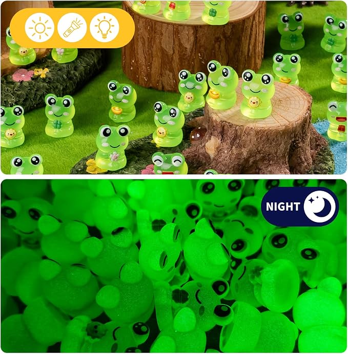 60 pcs Mini Resin Frog Many Styles Variety Tiny Luminous Animals Figures Miniature Little Small Animal Figurines Bulk for Micro Fairy Garden Landscape Accessories Hide Crafts Decor Aquarium